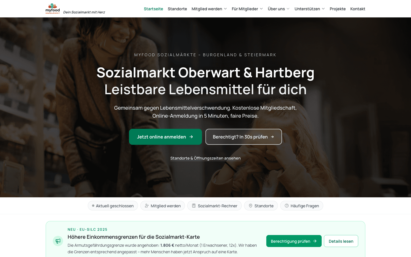 Startseite von myfood.care, Bildschirmfoto der Live-Seite vom 07.09.2026