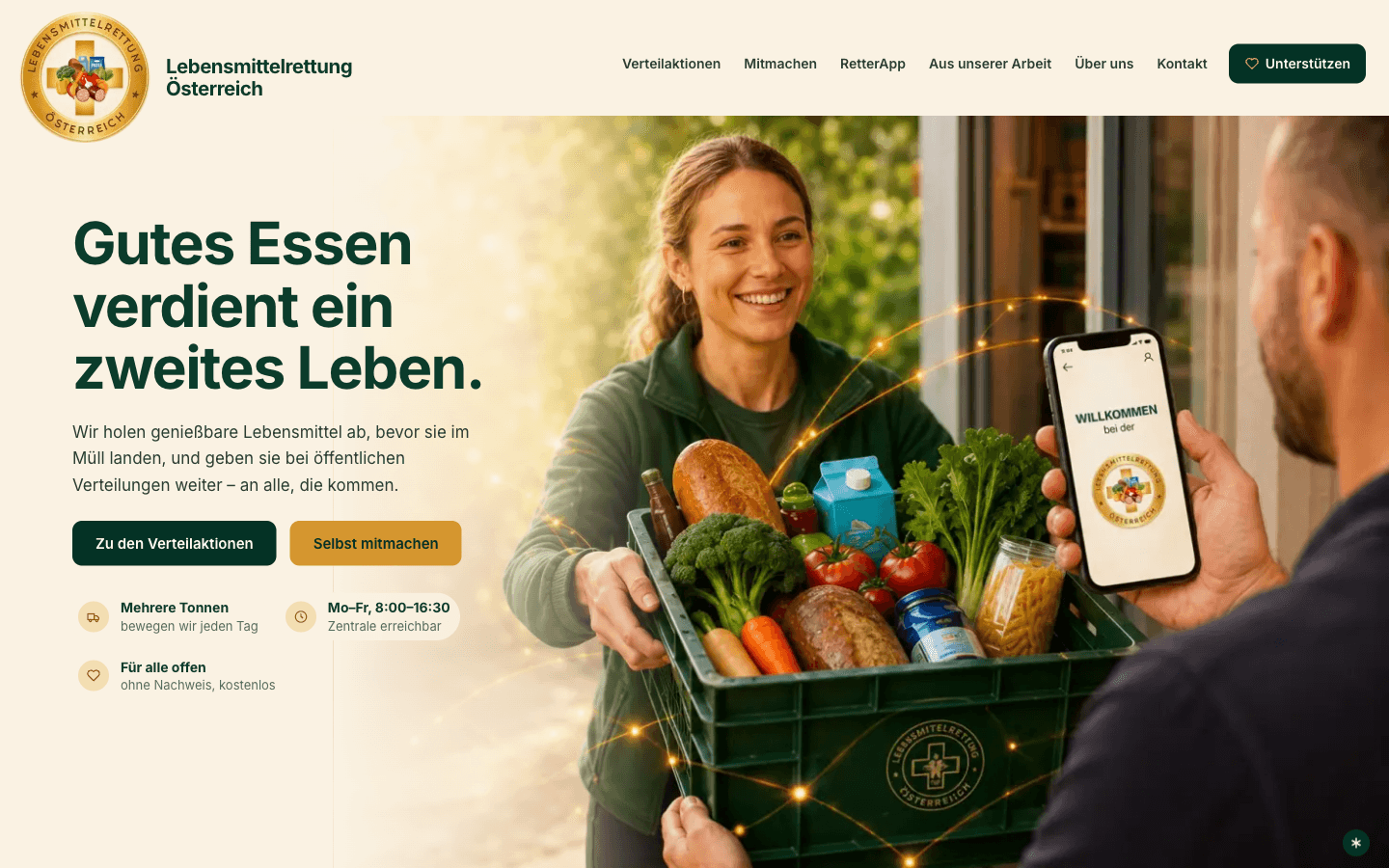 Startseite von lebensmittelrettung.at, Bildschirmfoto der Live-Seite vom 07.09.2026; das Titelbild der Seite wurde mit künstlicher Intelligenz erstellt